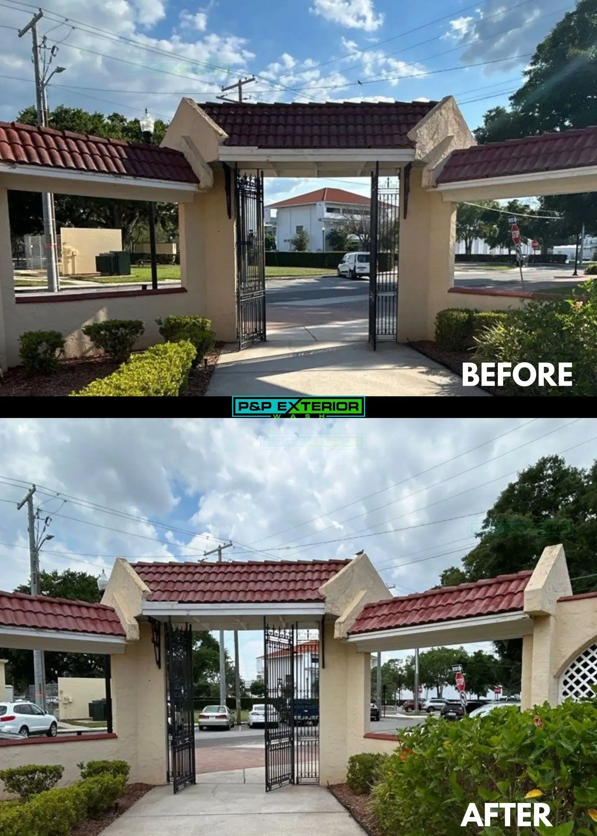 Before-and-after view of a gated entrance with red-tiled roofs and cream pillars, showing a closed gate opening up.