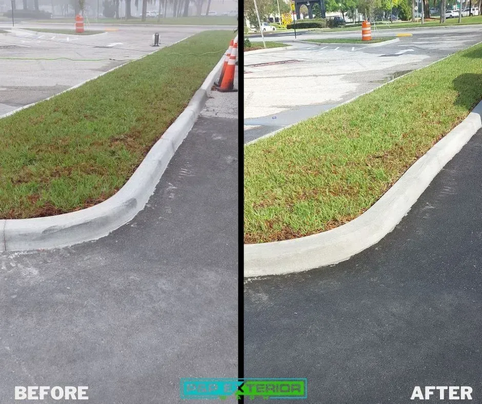 Before-and-after of a wet curb and grass median along a road, showing cleaner green grass on the right.