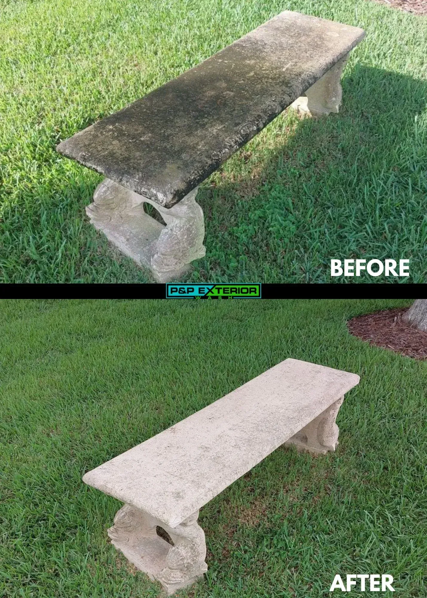 Before-and-after of a cleaned stone bench on grass, showing dark stained versus light restored surface.