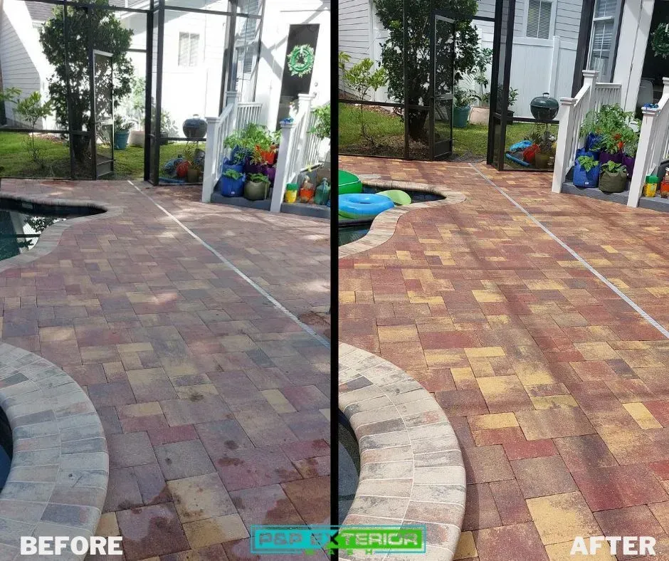 Before-and-after view of a brick patio, changing from dull red to brighter tan-red pavers.