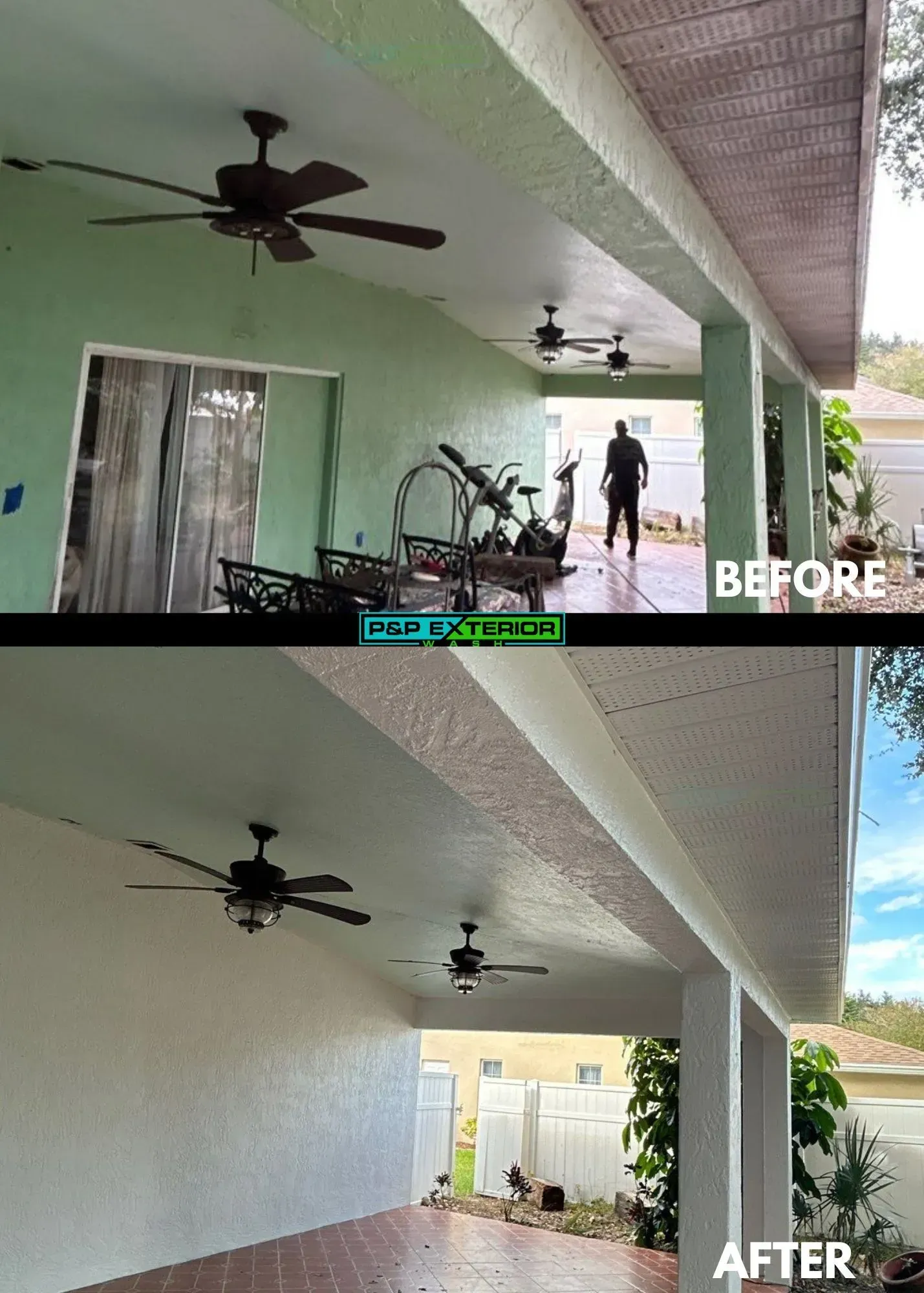 Covered patio with ceiling fans and furniture, shown before and after cleaning and repainting.