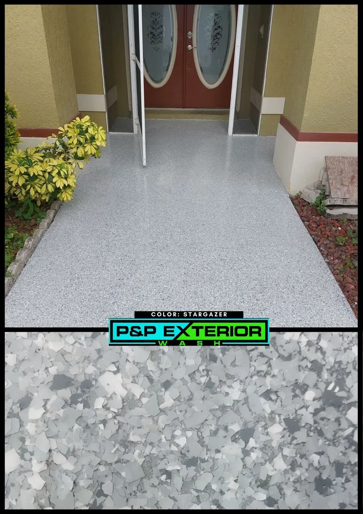 Front walkway to a house entrance with gray textured surface and potted plants by the doorway.