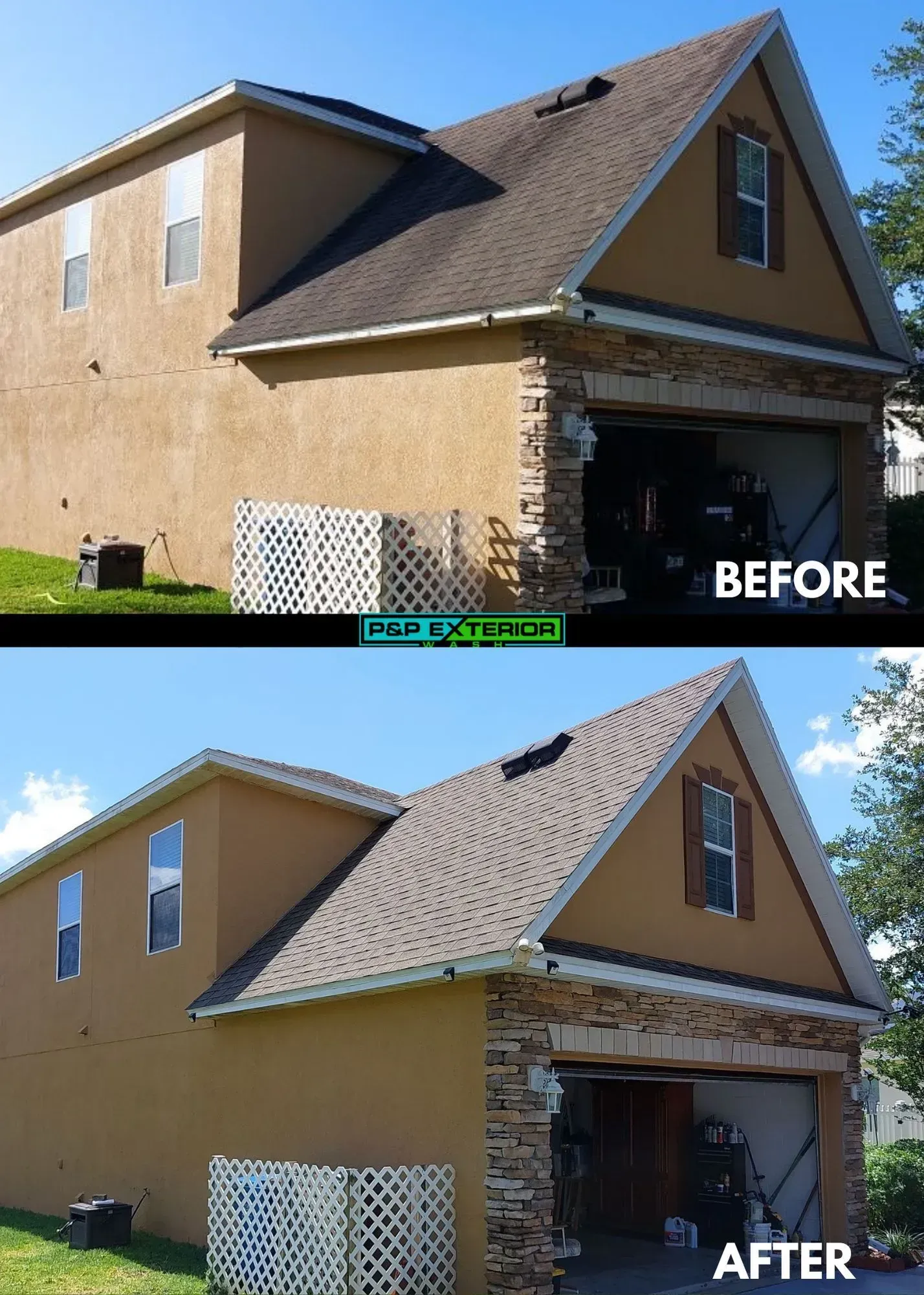 Before-and-after view of a house exterior with new tan siding and stucco, shown in two stacked photos.