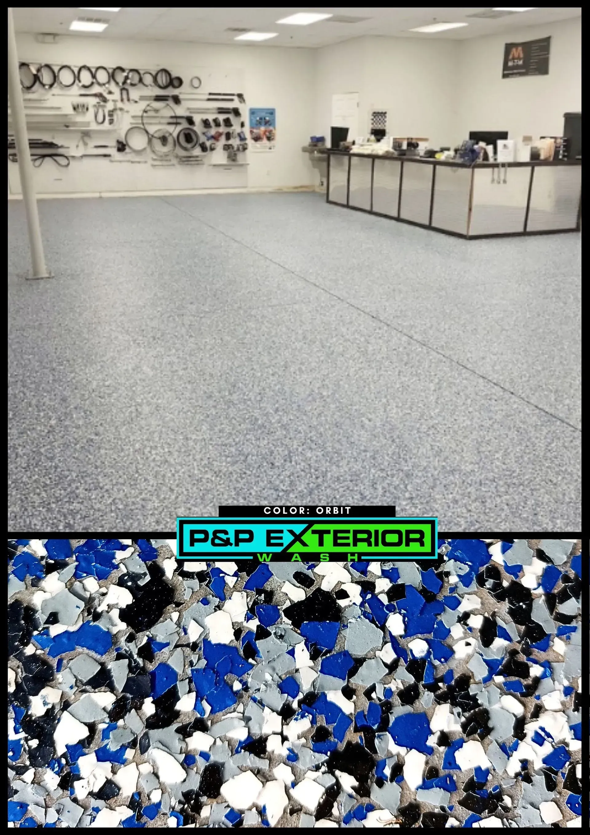 Empty showroom with speckled floor, display counter, and wall-mounted circular products under bright ceiling lights.
