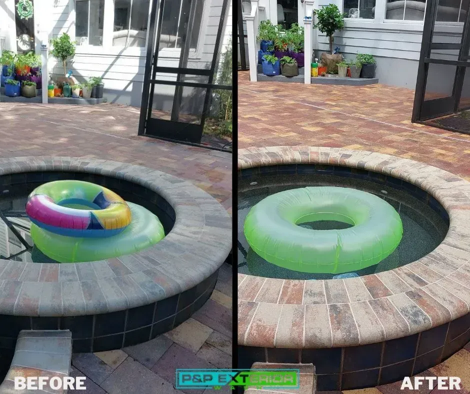 Before-and-after of a pool with multicolored inner tube replaced by a green float.