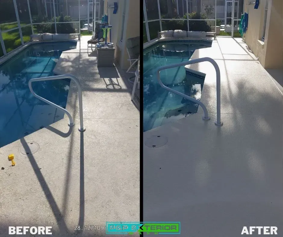 Before-and-after view of a pool ramp with added handrails and smoother access surface