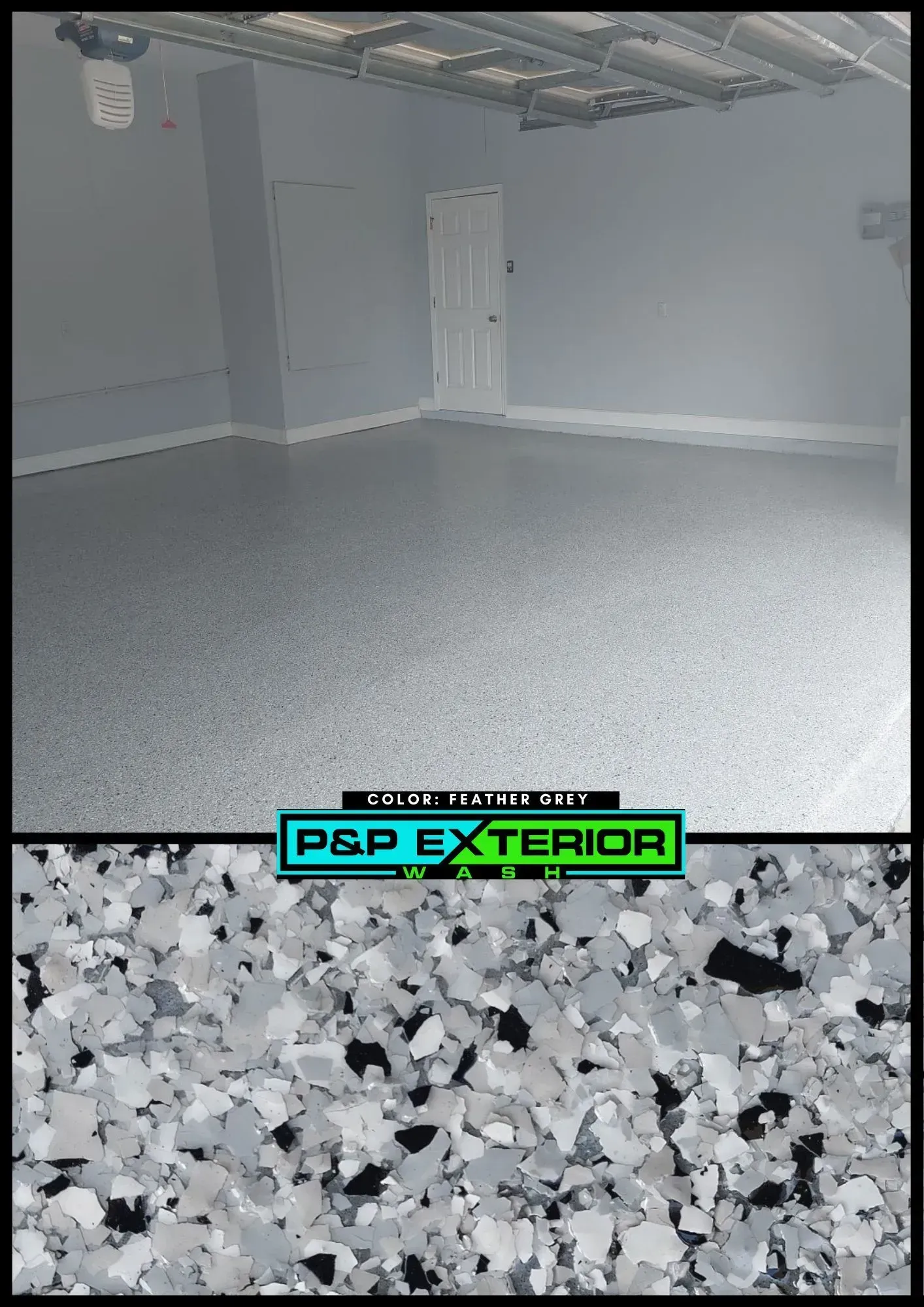 Empty gray garage with speckled floor and a white door, labeled P&P EXTERIOR.