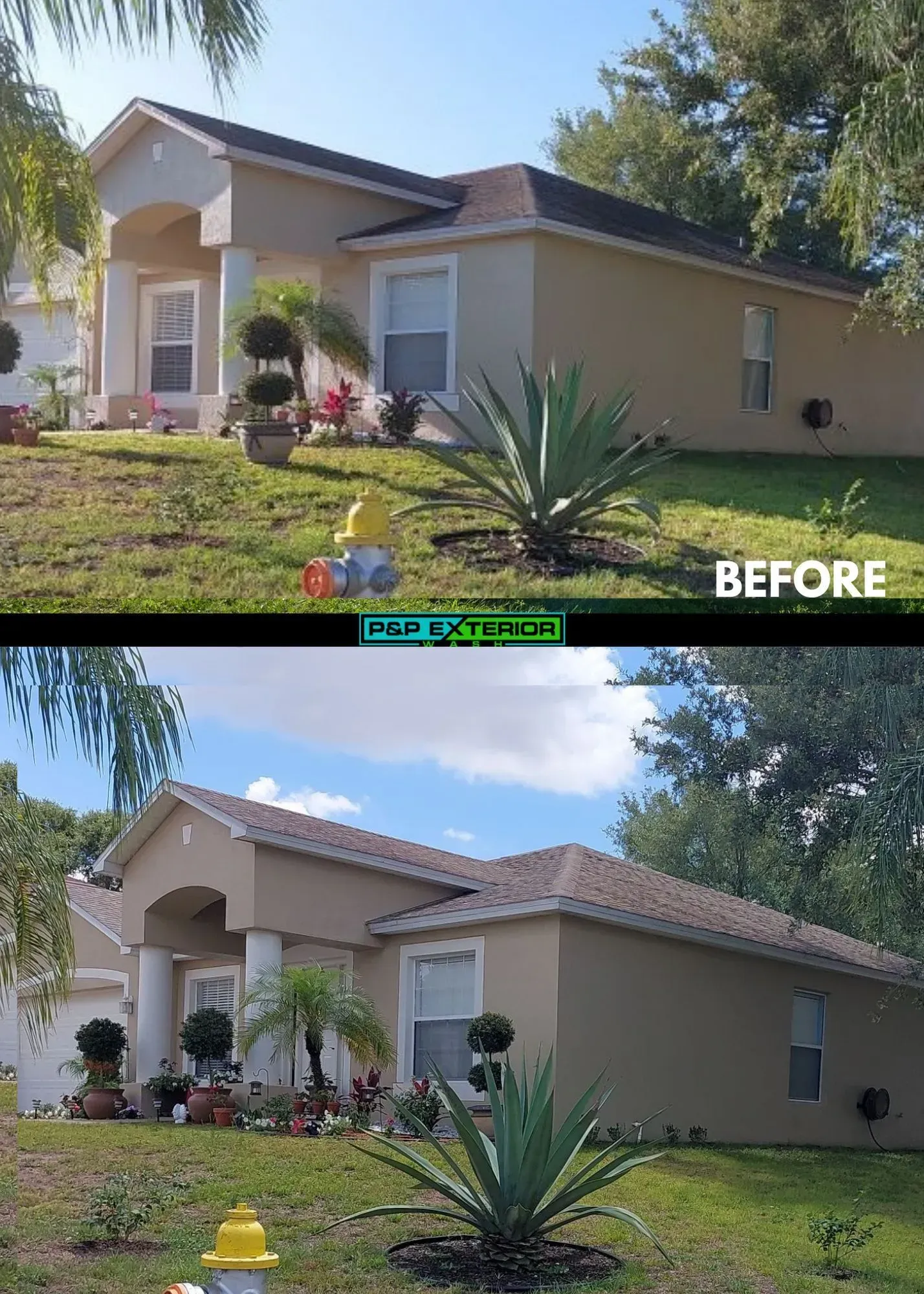 Before-and-after of a beige house exterior with landscaping: trimmed lawn, agave, and clearer driveway view.