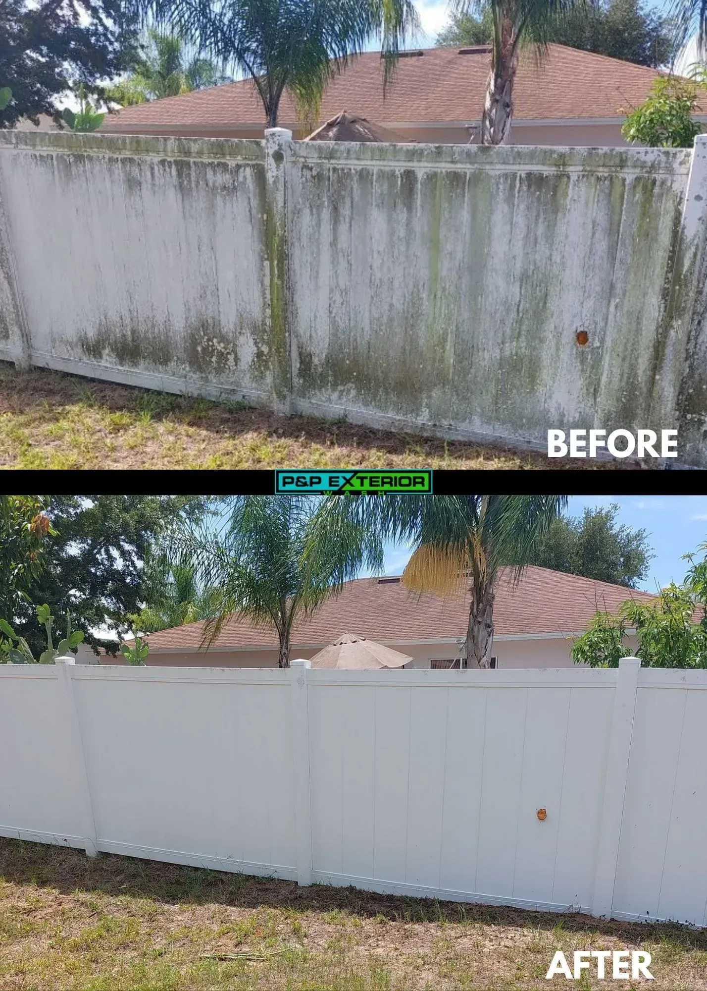 Before-and-after of a weathered fence repainted white, with the same yard and house visible.