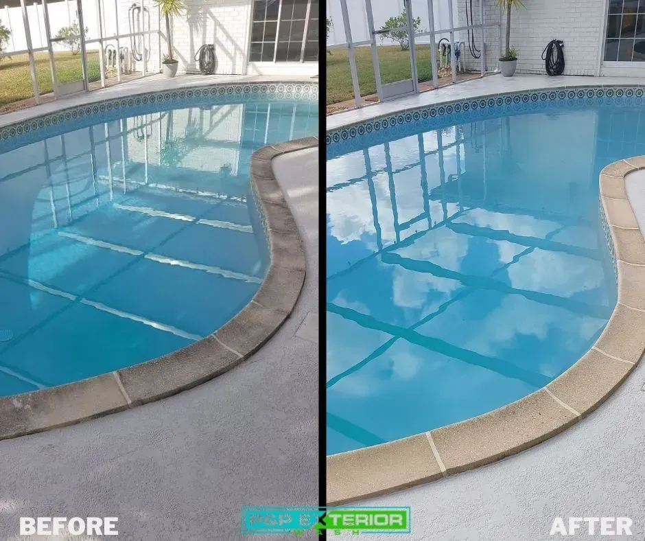 Pool resurfacing before-and-after: cracked blue poolside changed to smooth beige tile.