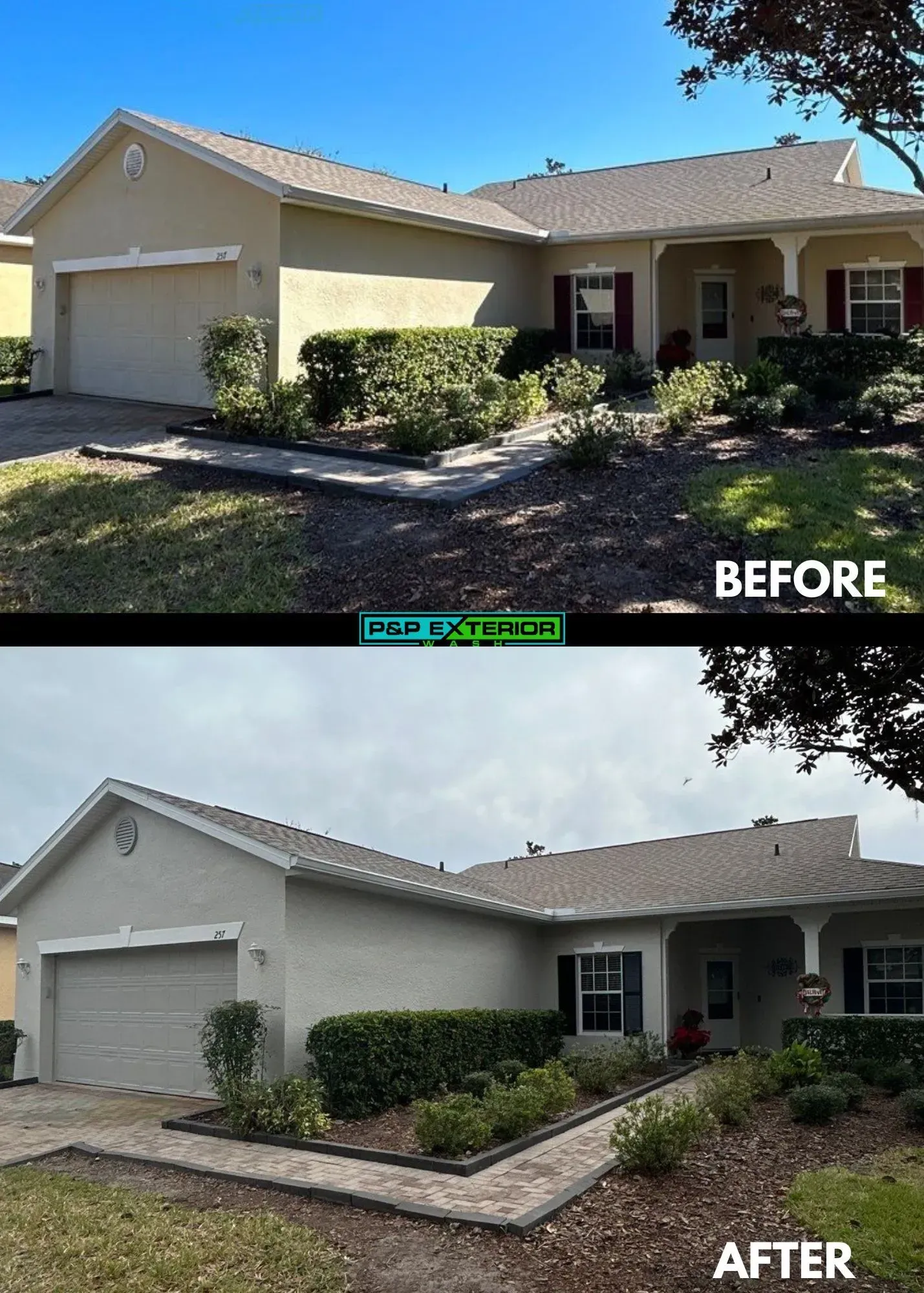 Before-and-after of a home exterior renovation, showing updated landscaping and walkway.