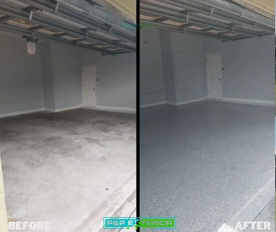 Garage floor before-and-after: bare concrete on left, finished gray coated floor on right.