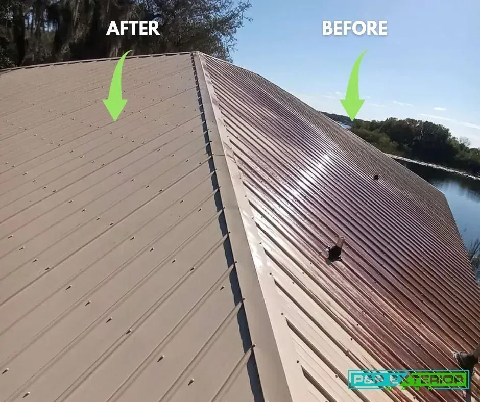 Split roof comparison labeled AFTER and BEFORE, showing a beige restored roof beside a rusted one.