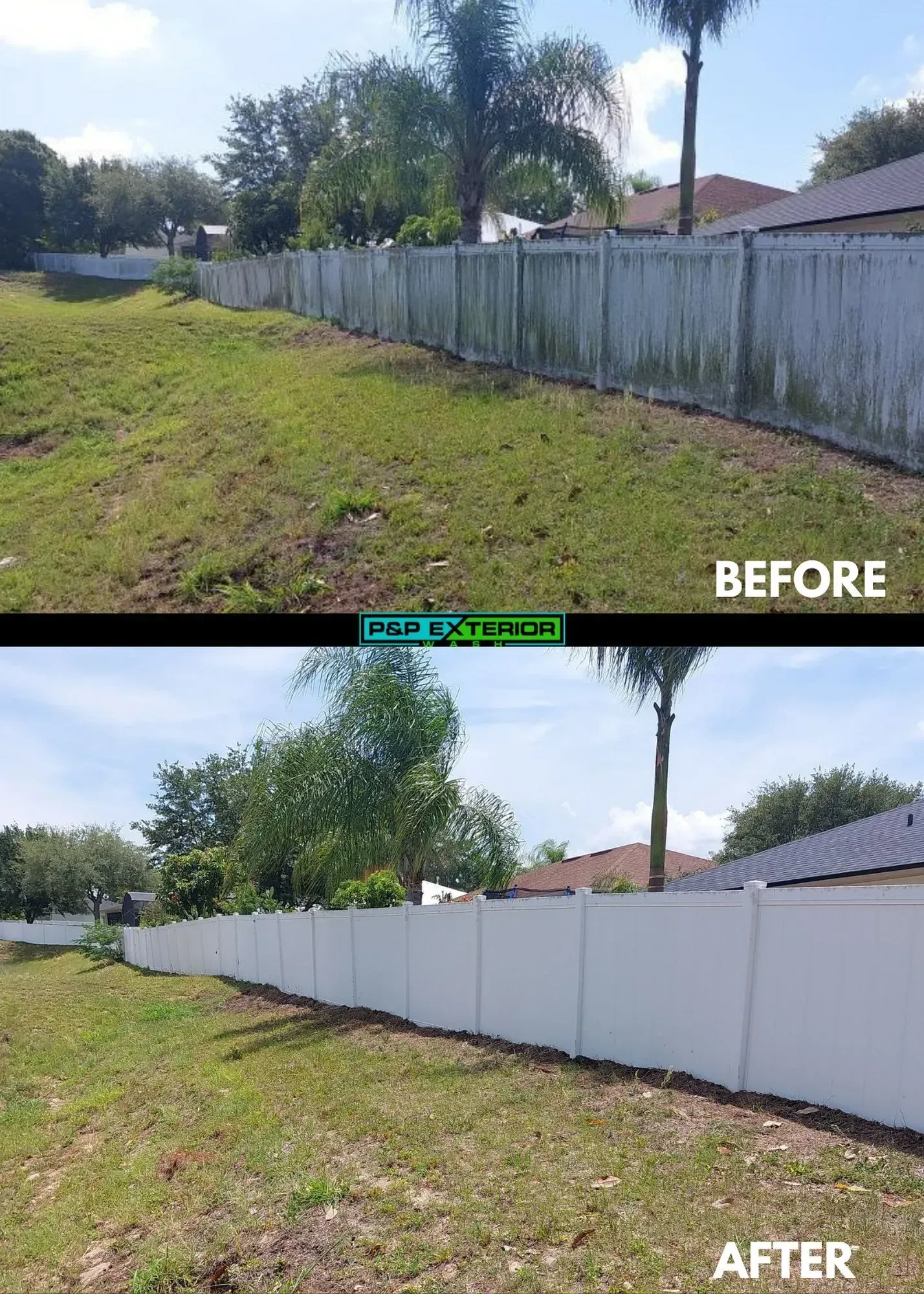 Before-and-after view of a backyard fence repaint, showing a weathered fence changed to white.