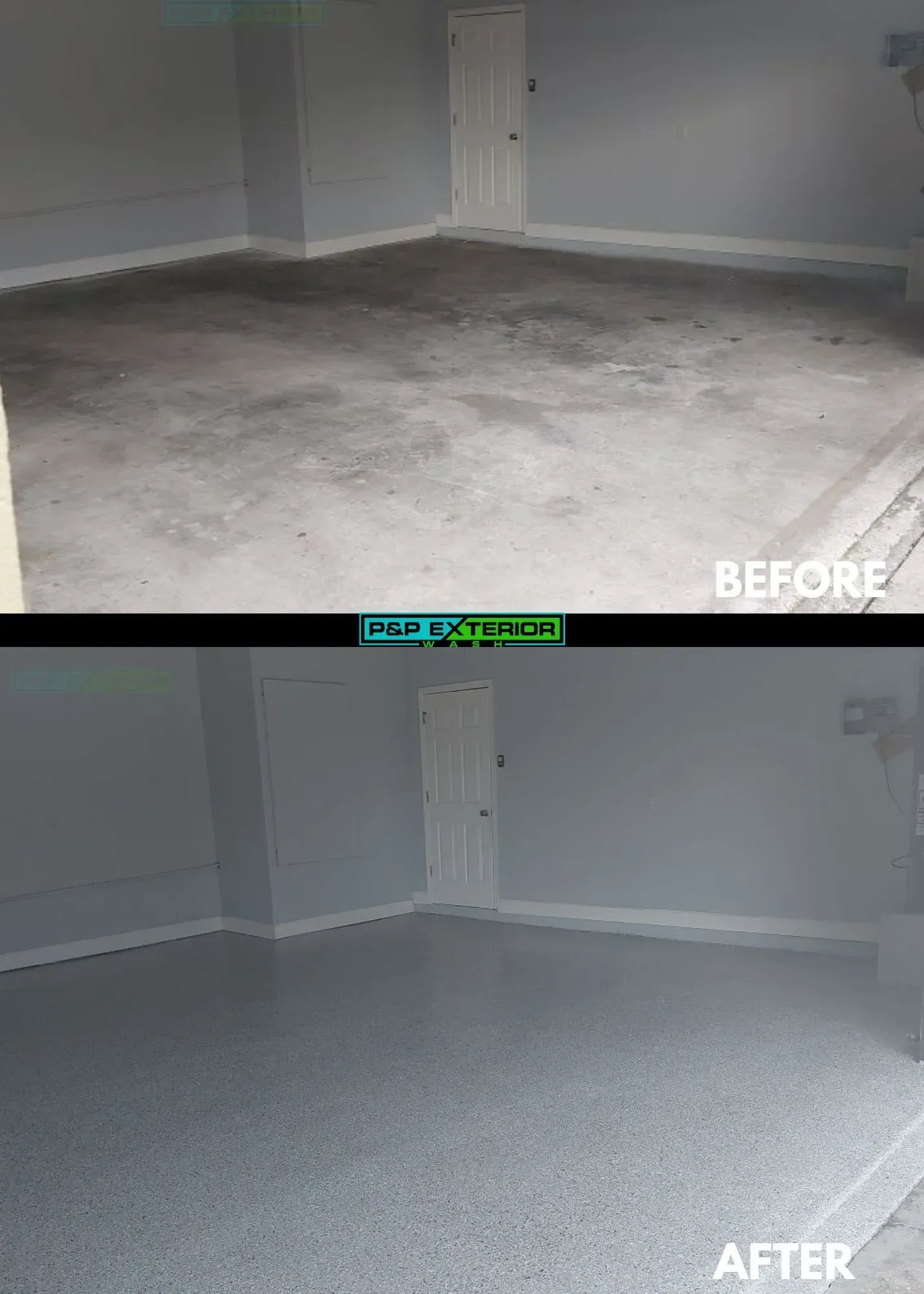 Before-and-after basement floor refinishing, showing a dark stained floor changed to a clean light gray floor.