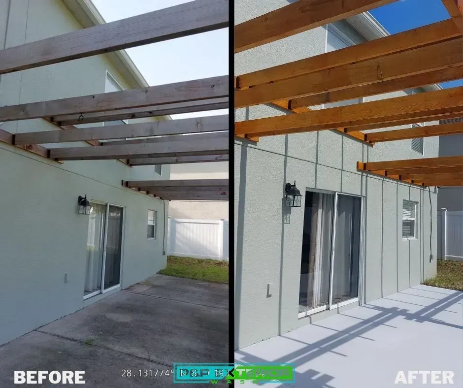 Before-and-after view of a covered patio with exposed beams and a brighter finished ceiling.