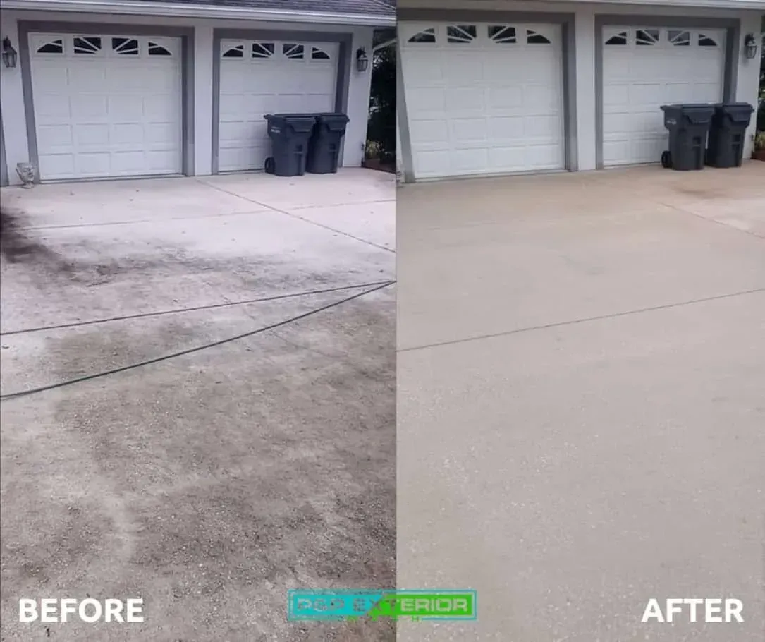 Driveway before-and-after: stained concrete on left, clean smooth concrete on right, garage doors and trash bins.