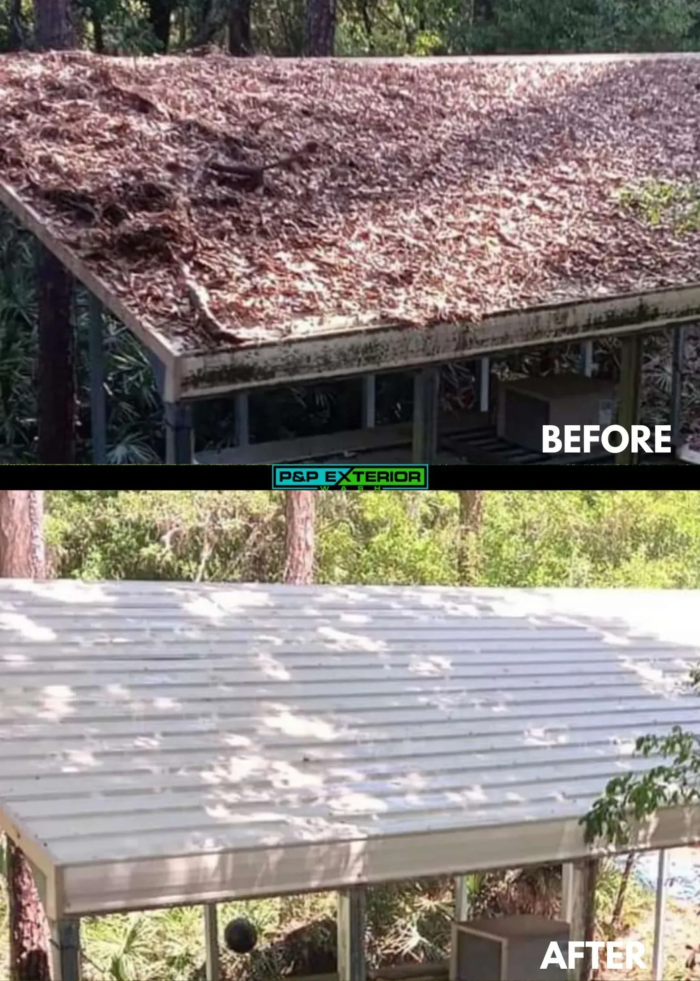 Before-and-after roof cleaning: debris-covered roof replaced by a clean metal roof.