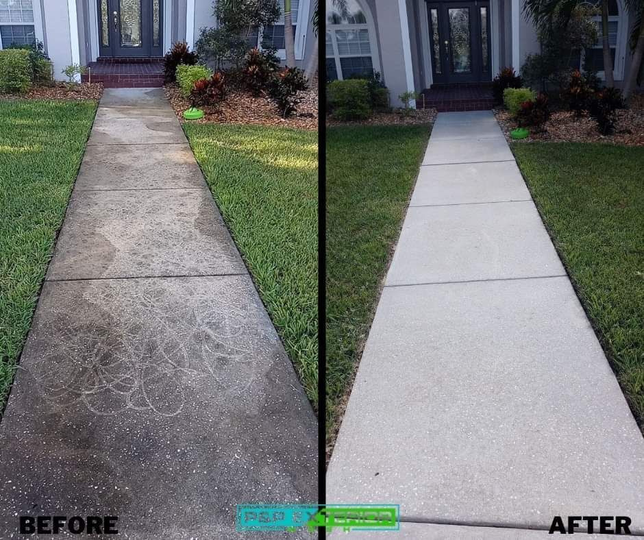 Before-and-after of a repaired concrete walkway: dark, cracked path replaced with smooth light slabs.