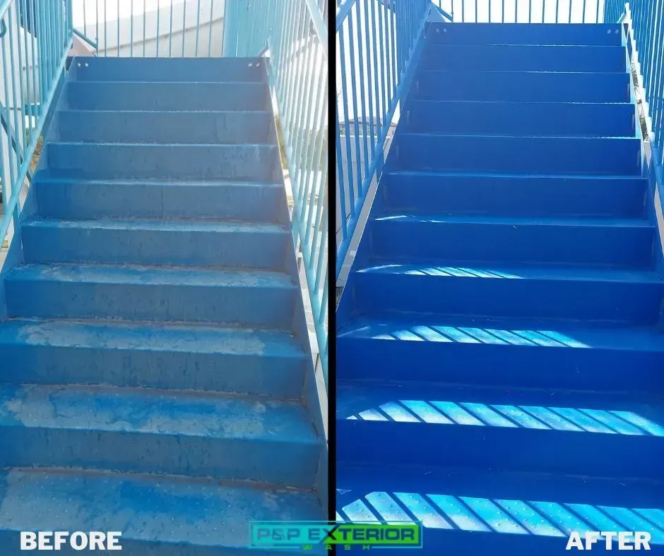 Before-and-after view of blue-painted outdoor stairs with railings and sunlight shadows