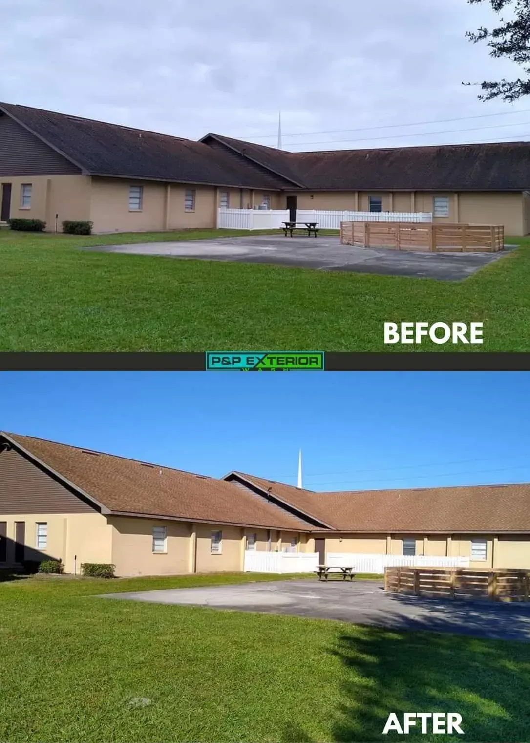 Before-and-after view of a tan building exterior with a roof and lawn, showing improved landscaping.