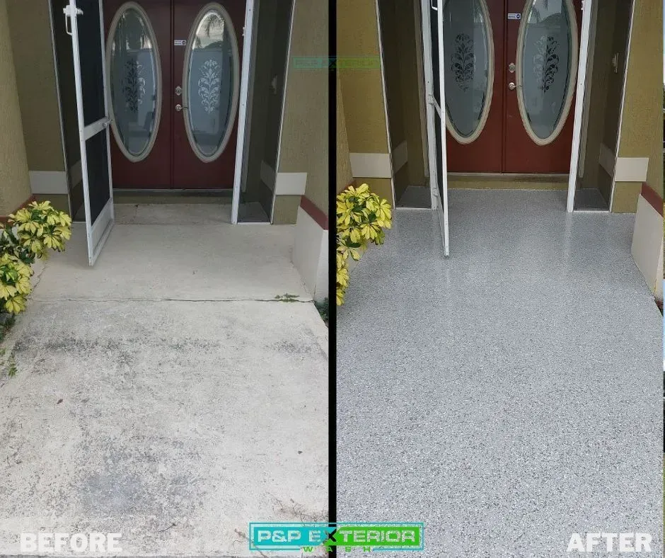 Before-and-after of a front walkway: cracked concrete replaced with smooth gray pebble-finish.