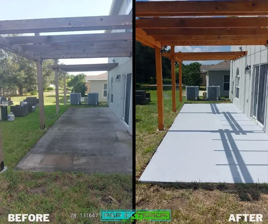 Before-and-after of a patio renovation: old cracked concrete replaced with smooth white slab under a pergola.