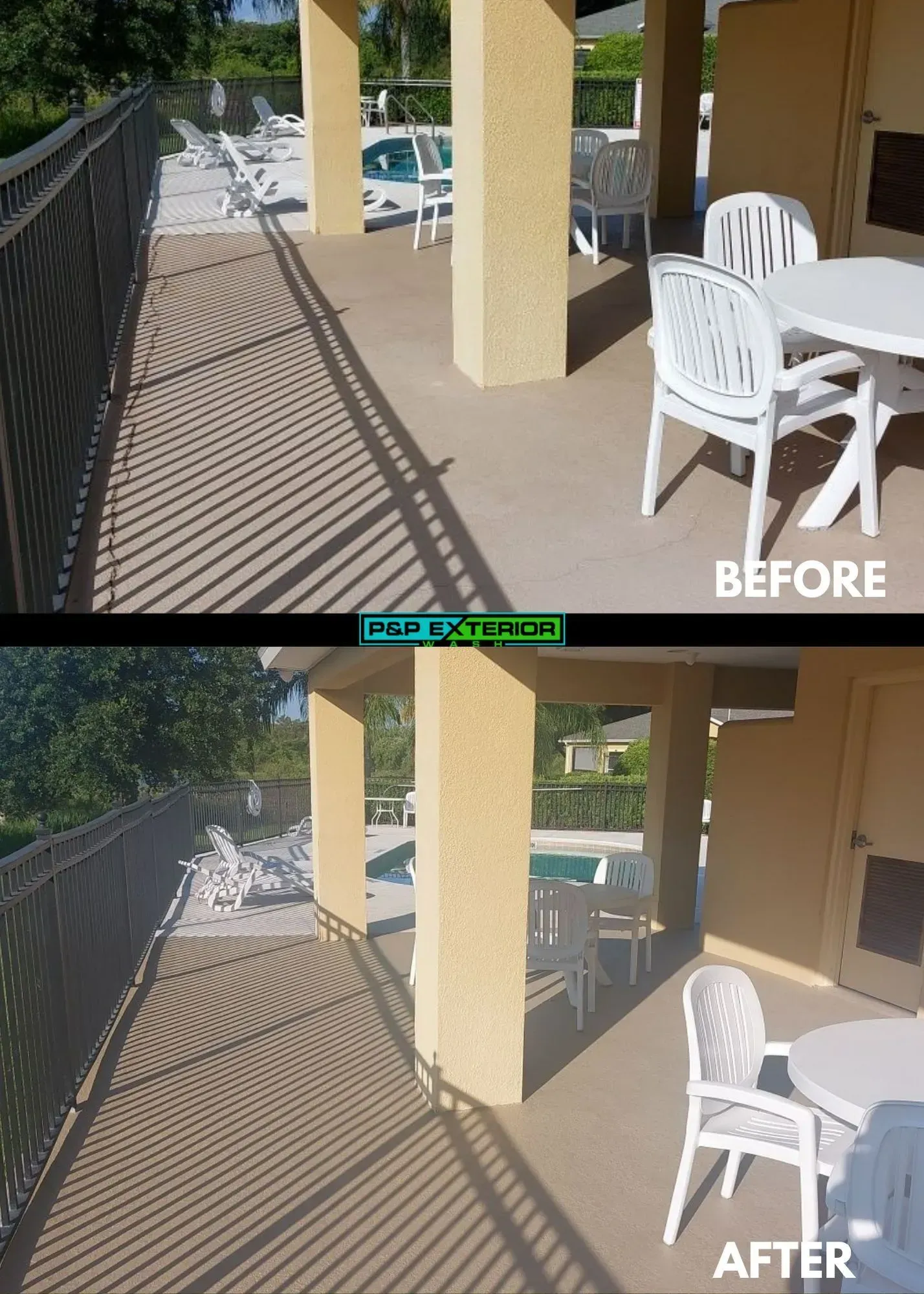 Before-and-after porch scene with tan pillars, white chairs, and shadow patterns on the floor.