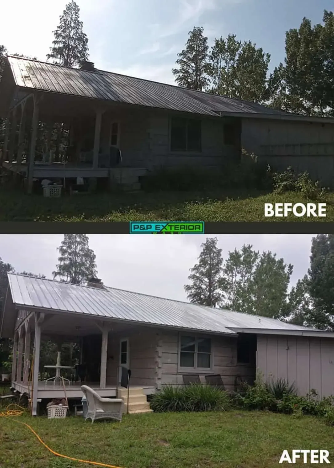Before-and-after exterior of a house, showing a brighter roof and trimmed yard in the after image.