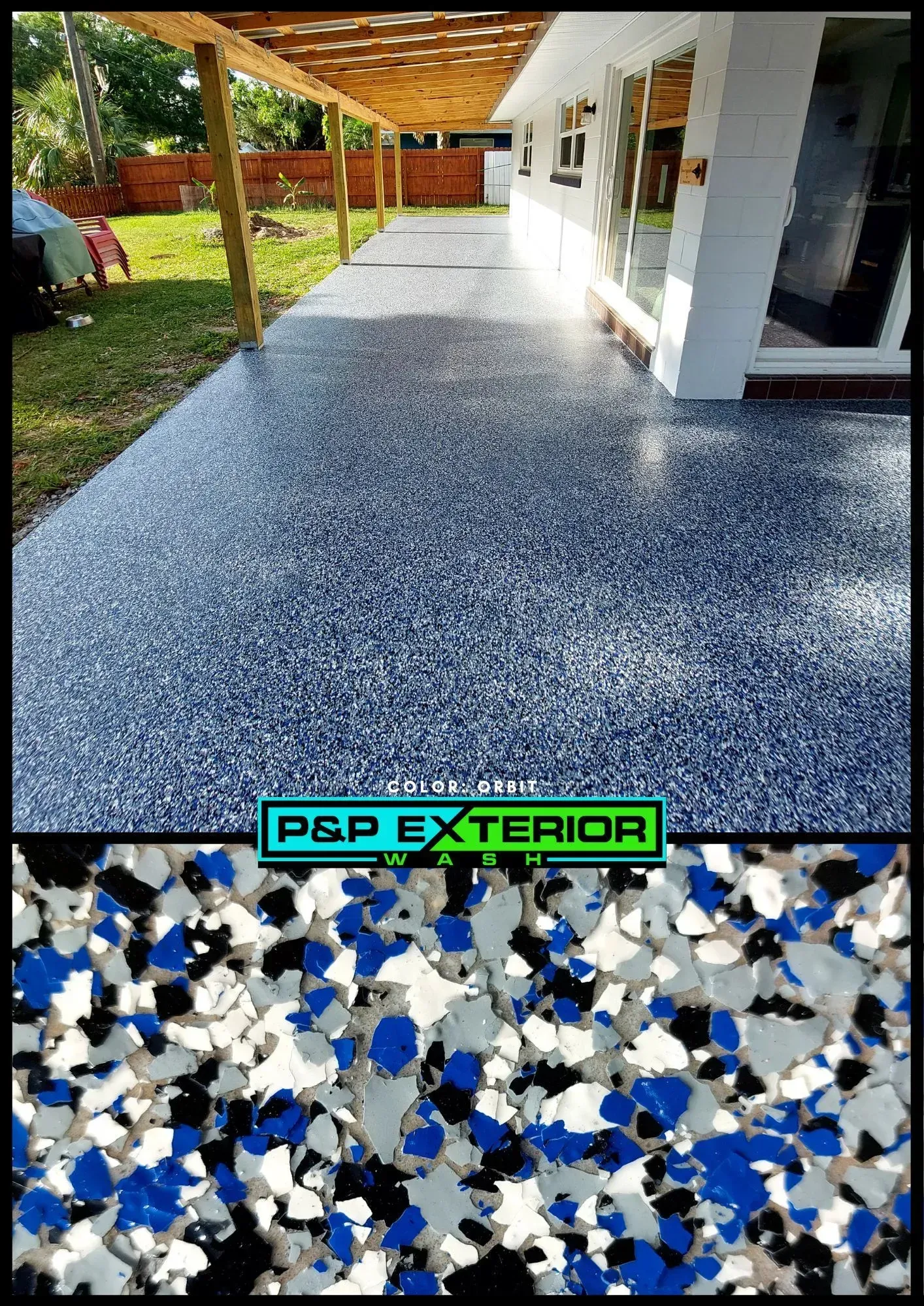 Speckled gray, blue, and white epoxy floor under a covered outdoor walkway beside a house.