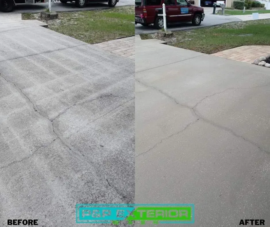 Concrete driveway before-and-after repair, showing cracked surface and restored section.