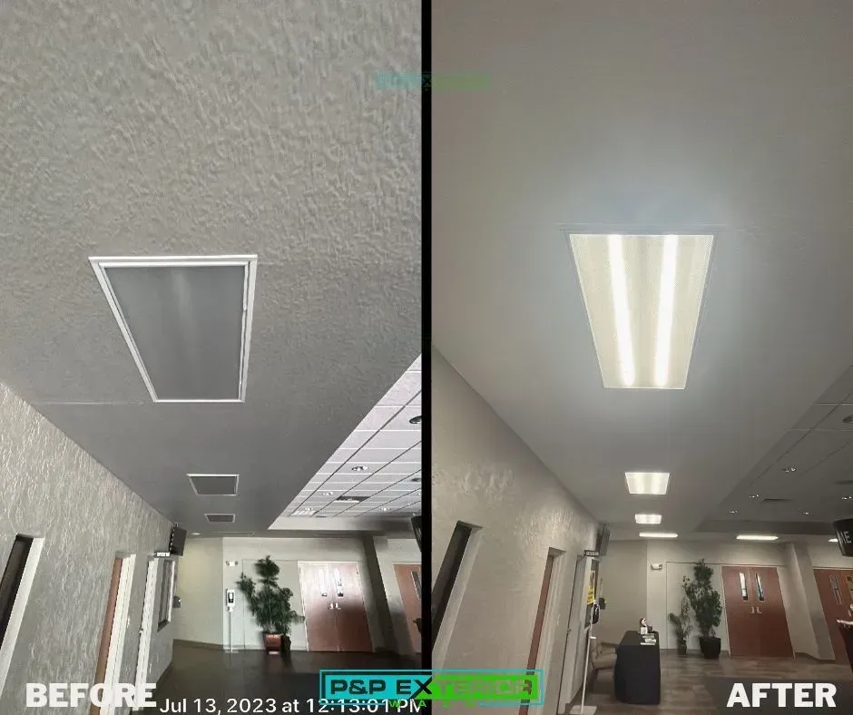 Office hallway ceiling before and after replacement: old vent panel vs. bright recessed light fixture.