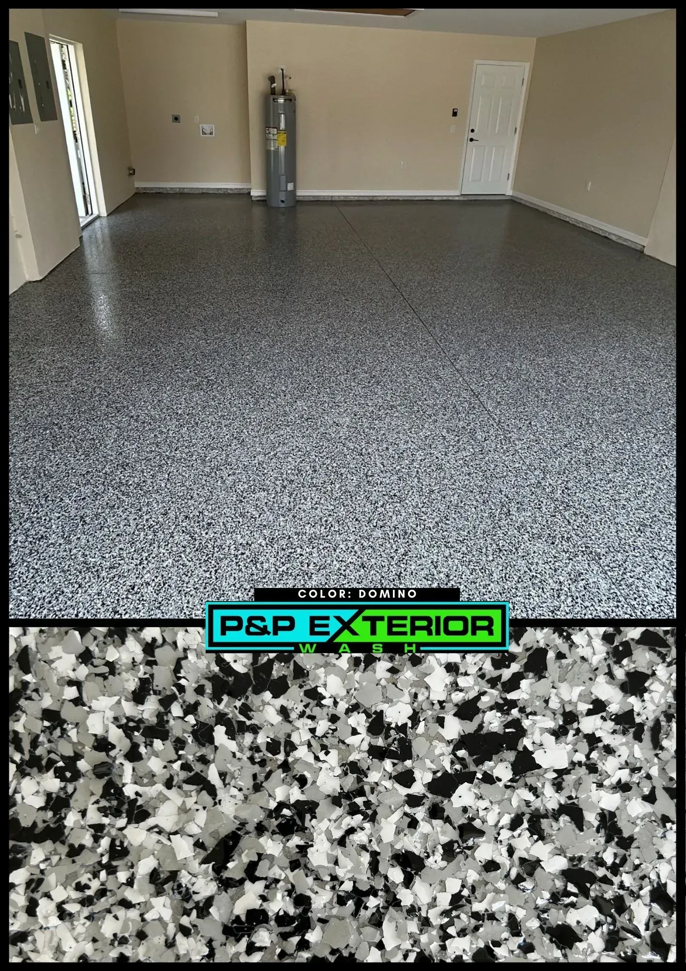 Spacious garage with speckled epoxy floor and beige walls, showing a polished black-and-gray finish.