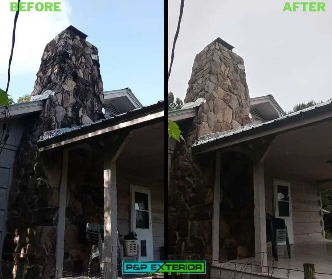 Before-and-after of a house chimney exterior cleaning, showing dark stained stone changed to lighter stone.