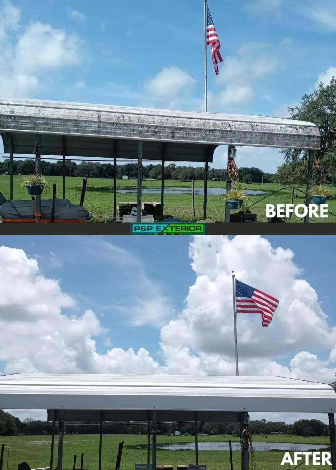 Before-and-after of a pavilion roof repair with an American flag on a pole against a blue sky.
