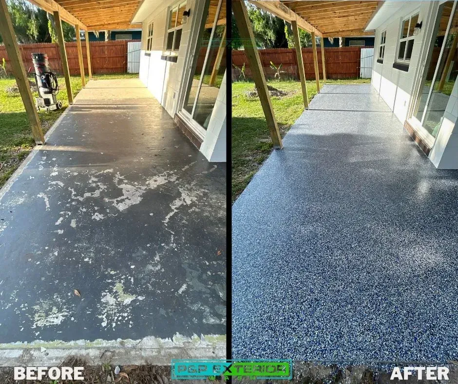 Before-and-after view of a repaired concrete walkway under a covered patio.