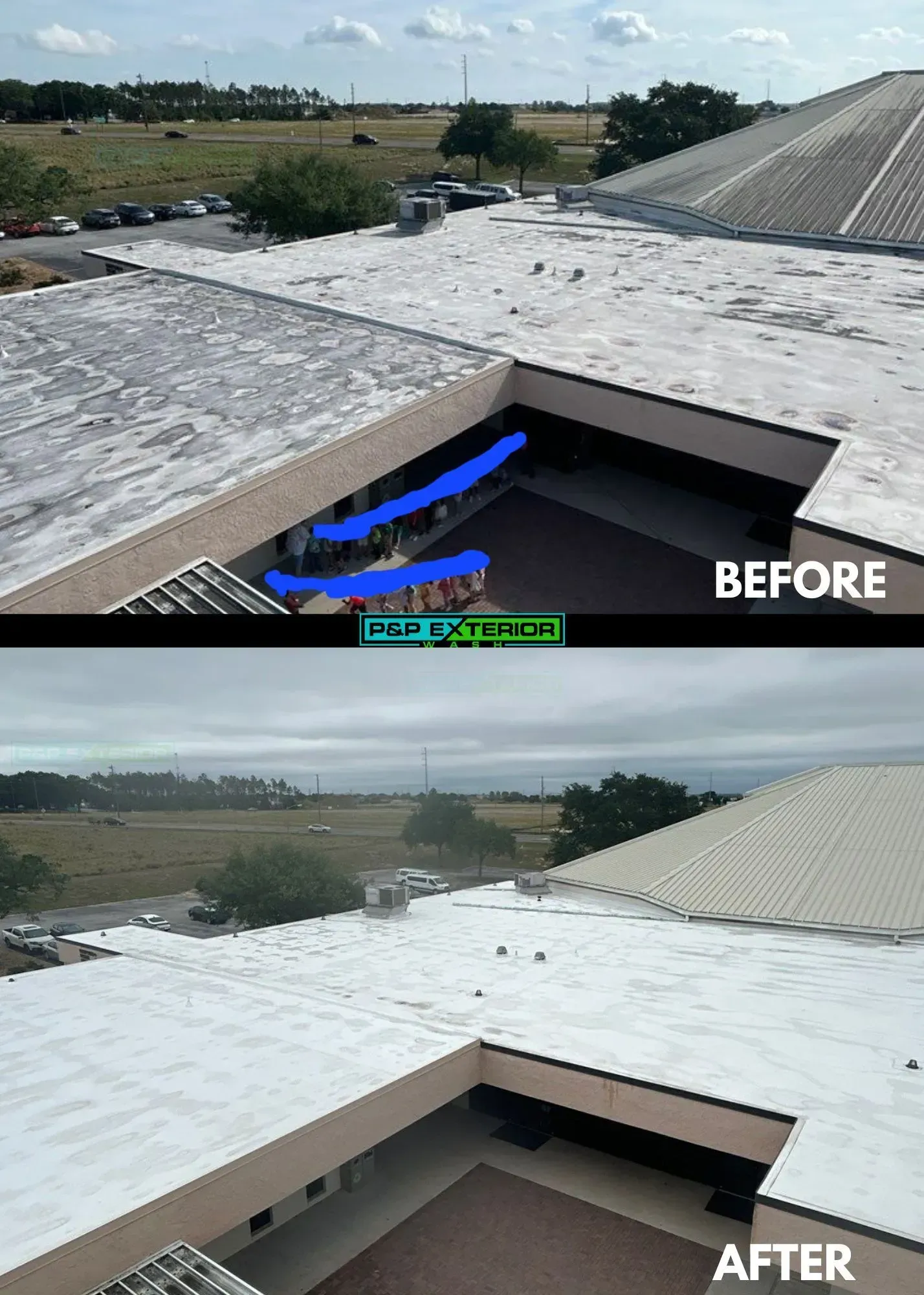 Roof before-and-after comparison showing a repaired flat roof leak area.