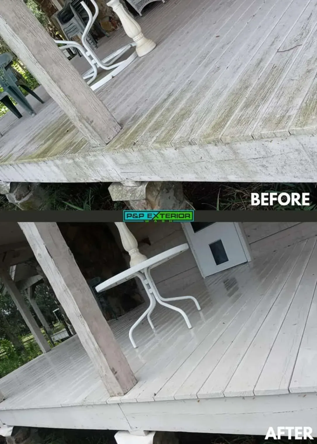 Split-screen before-and-after of a gray porch deck being painted white, with a table and chairs on the deck.
