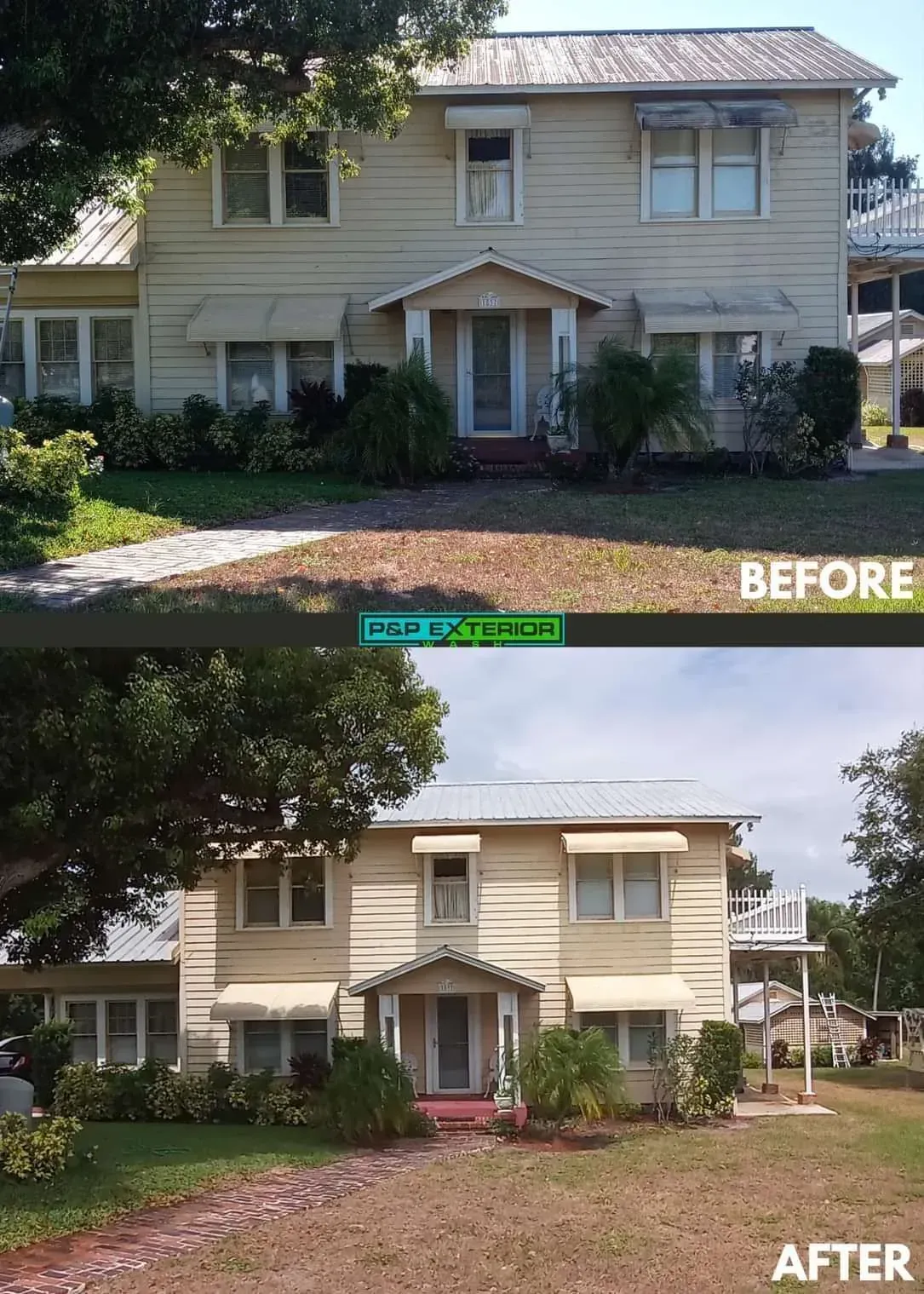 Before-and-after of a beige house and yard renovation, with overgrown landscaping replaced by a cleaner lawn and shrubs.