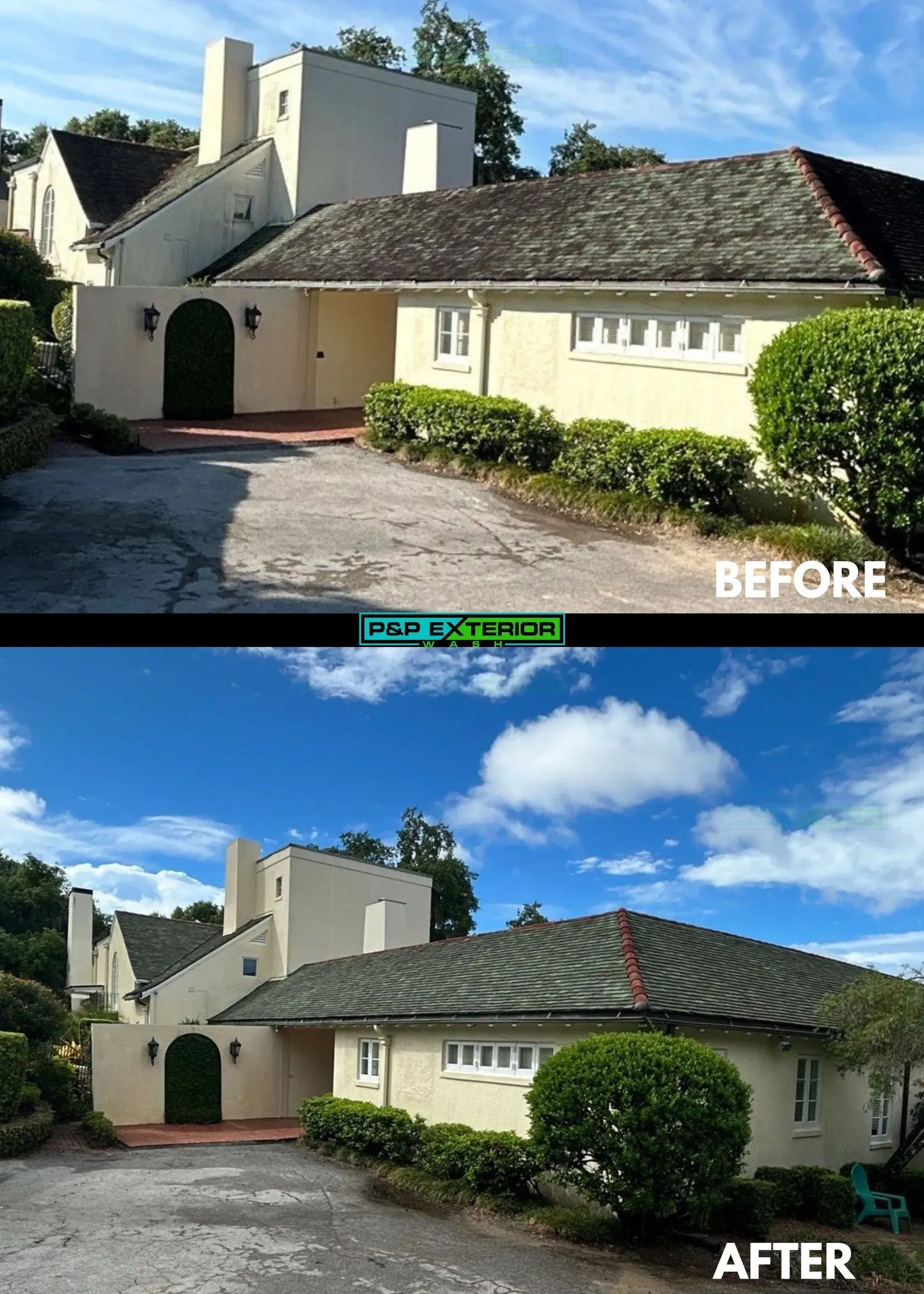 Before-and-after view of a stucco house exterior with a tiled roof and landscaped front yard.