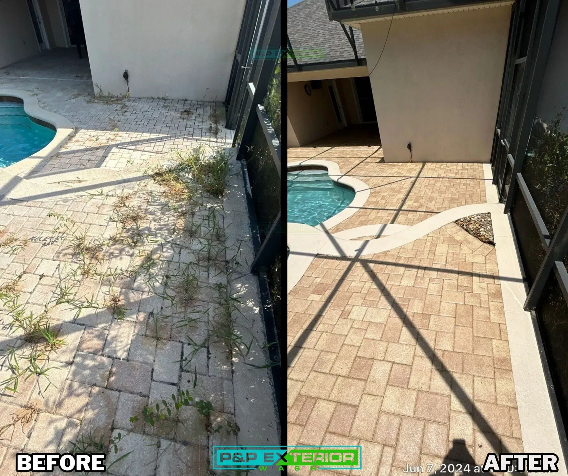 Backyard patio before and after repair: cracked pavers replaced with clean tan stone near a pool.