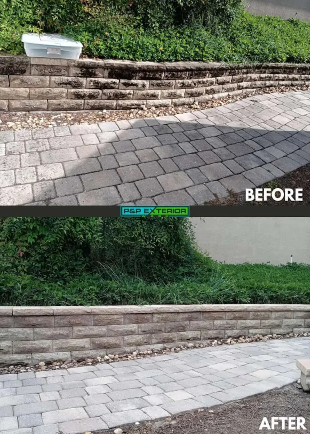 Before-and-after view of a retaining wall and paved path, with shrubs in the background.