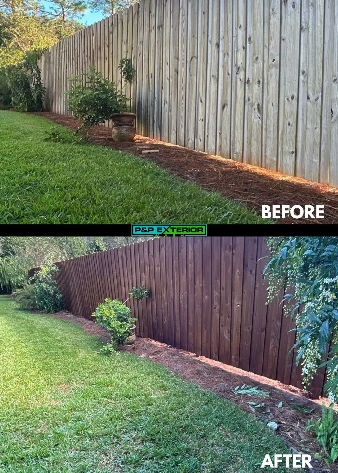 Backyard fence makeover: weathered wood before, stained brown after with new mulch and plants