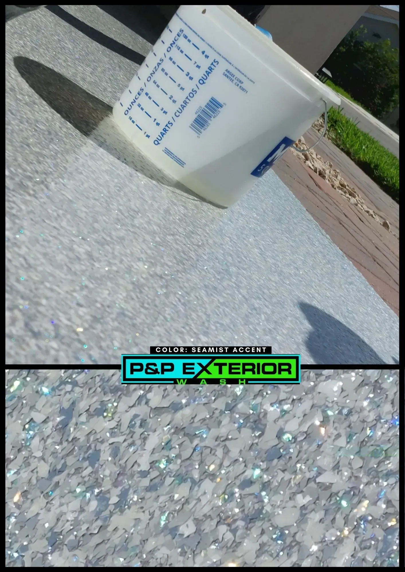 Tilted white plastic bucket on speckled gray pavement, with a green-and-black P&P Exterior logo near the bottom.