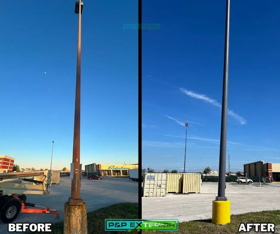 Before-and-after parking lot photo with a brown light pole replaced by a black pole on a yellow base.