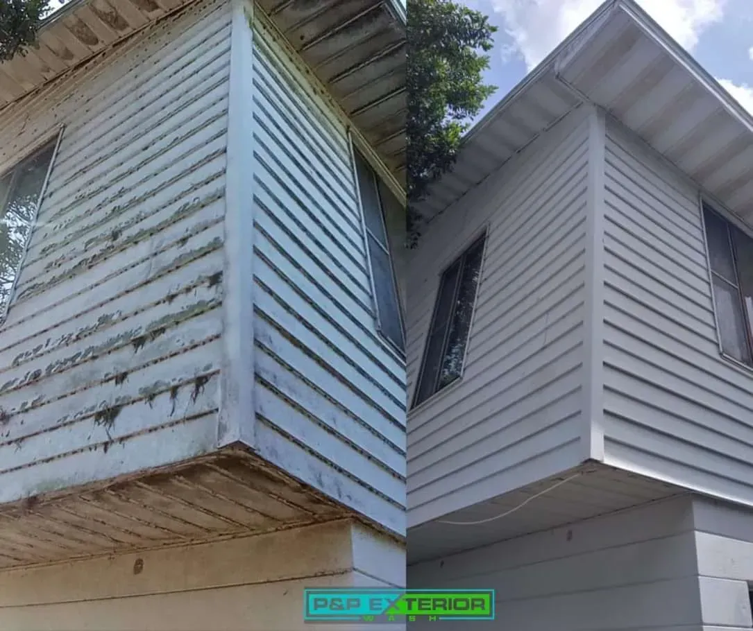 Split image of a weathered white house exterior, showing mold and streaking on siding and trim.