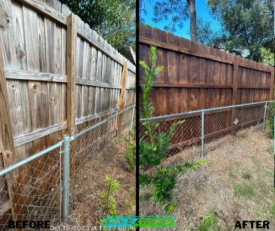 Fence before-and-after: weathered gray wood replaced with stained brown wood.