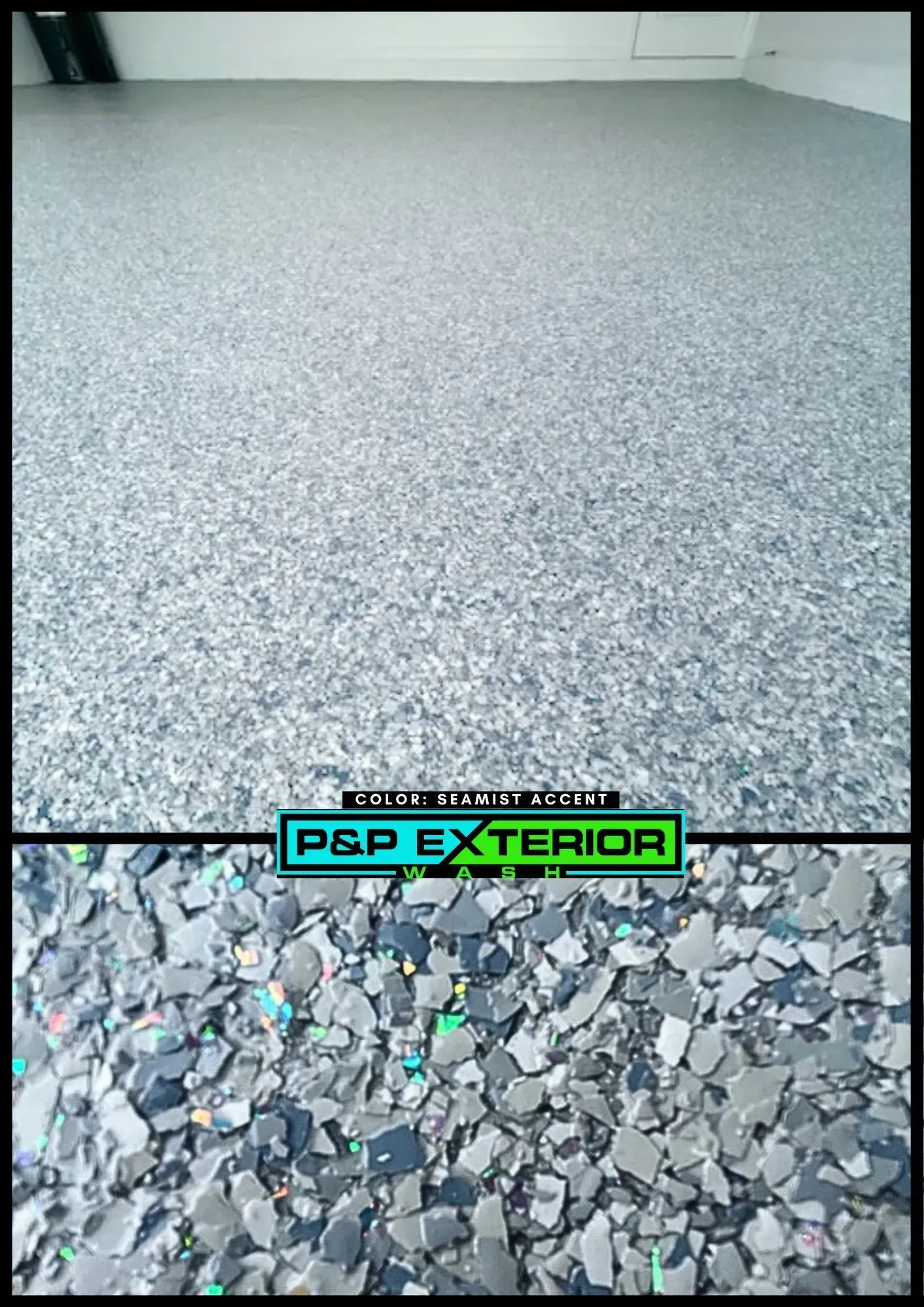 Gray speckled epoxy floor shown before and after coating, with a P&P Exterior label.