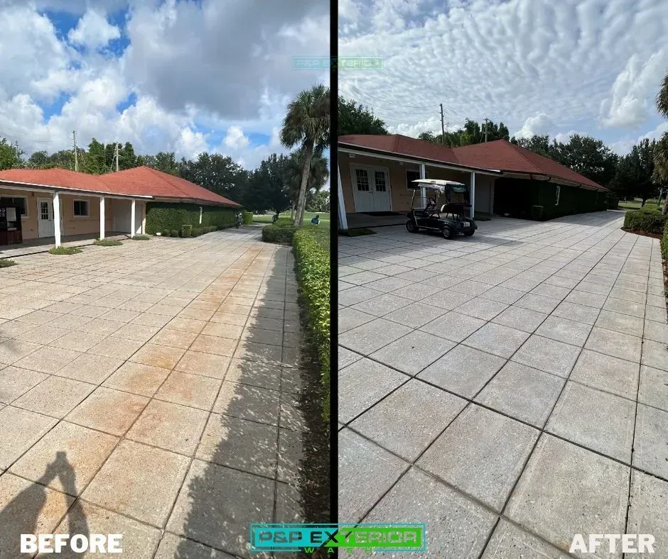 Before-and-after split of a house driveway, changing from dirty tan pavers to clean gray pavers.