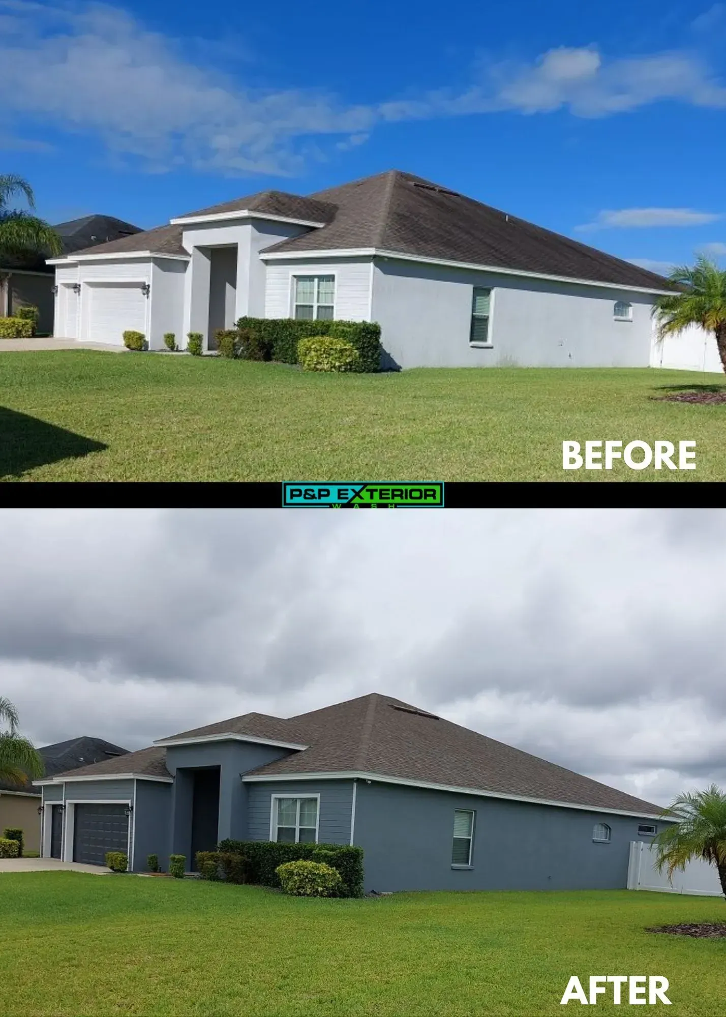 Before-and-after of a house exterior: white house under blue sky, then gray house under cloudy sky.